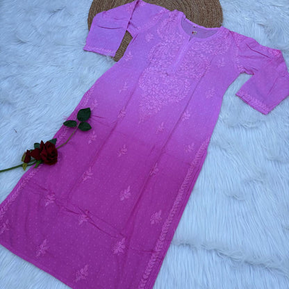 Tamanna Ombre Shaded Dobby Cotton Chikankari Kurti - Pink Colour