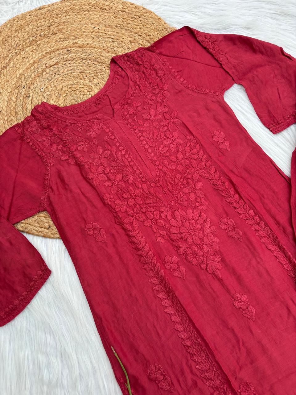 Nadia Muslin Lucknowi Chikankari Kurti Pant Set -  Brick Red Color