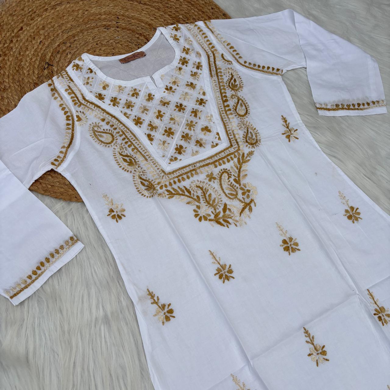 Zoya Cotton Lucknowi Chikankari Kurti - Mustard Color