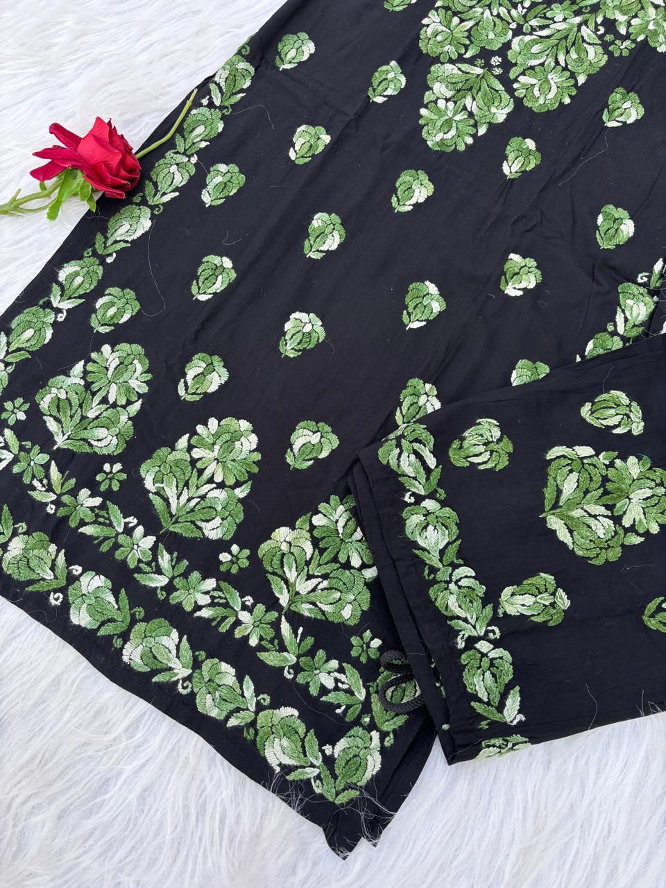 Rida Rayon Handwork Chikankari Kurti Set - Green Colour