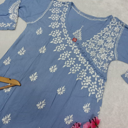 Zeenat Rayon Side Button Chikankari Kurti - Ocean Blue Colour