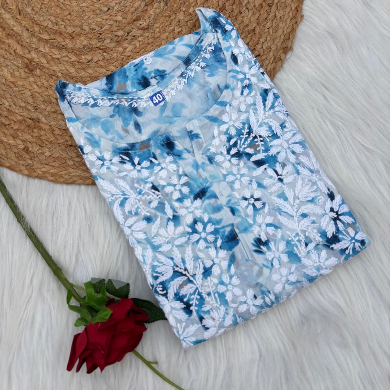 Amara Pure Mulmul Chikankari  Handwork Kurti -Blue Colour