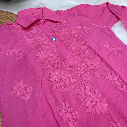 Sadia Dobby Cotton Ombre Shaded Chikankari Kurti with Collar - Pink Colour