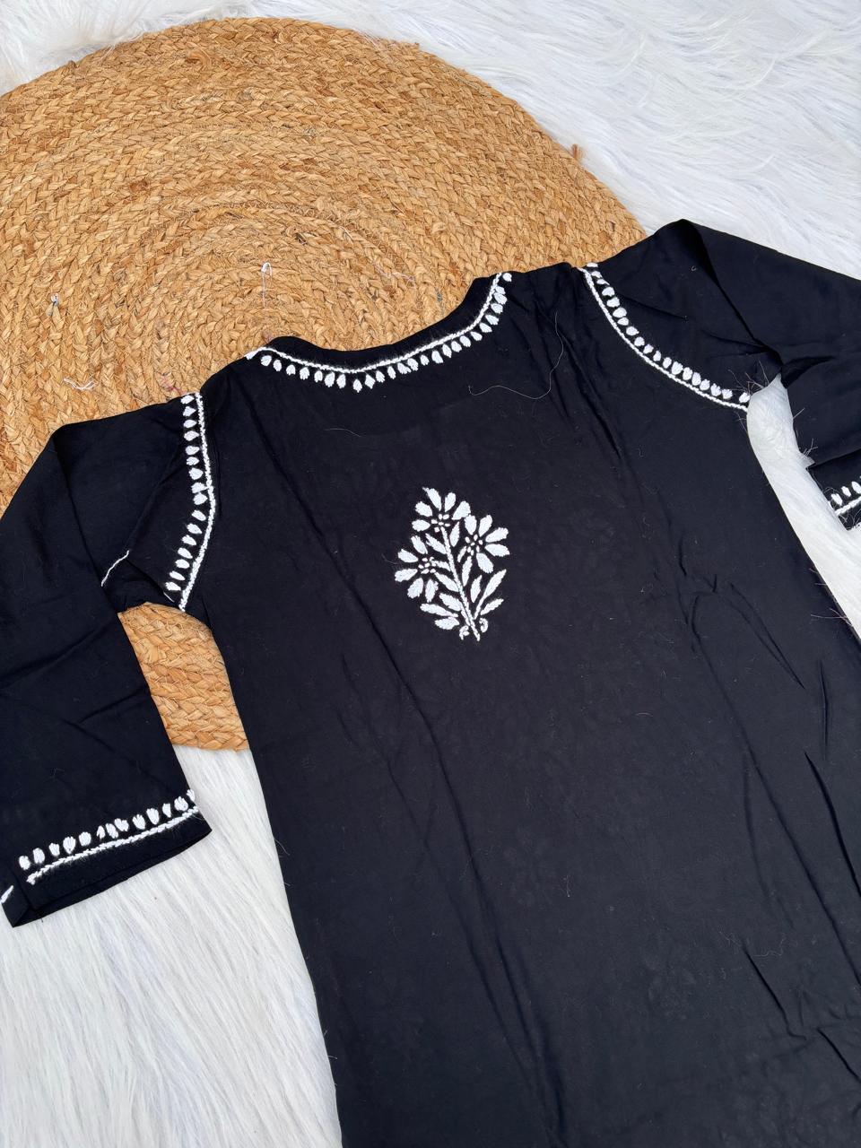 Ina Soft Rayon Handwork Chikankari Short Kurti - Black Colour