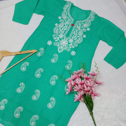 Cotton Machine Work Chikankari Kurti -Sea Green Colour