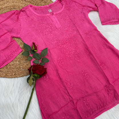 Sofia Ombre Shaded Soft Rayon Chikankari Short Kurti - Dark Pink Colour - Chikankaar