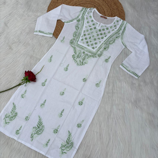 Zoya Cotton Lucknowi Chikankari Kurti - Parrot Green Color