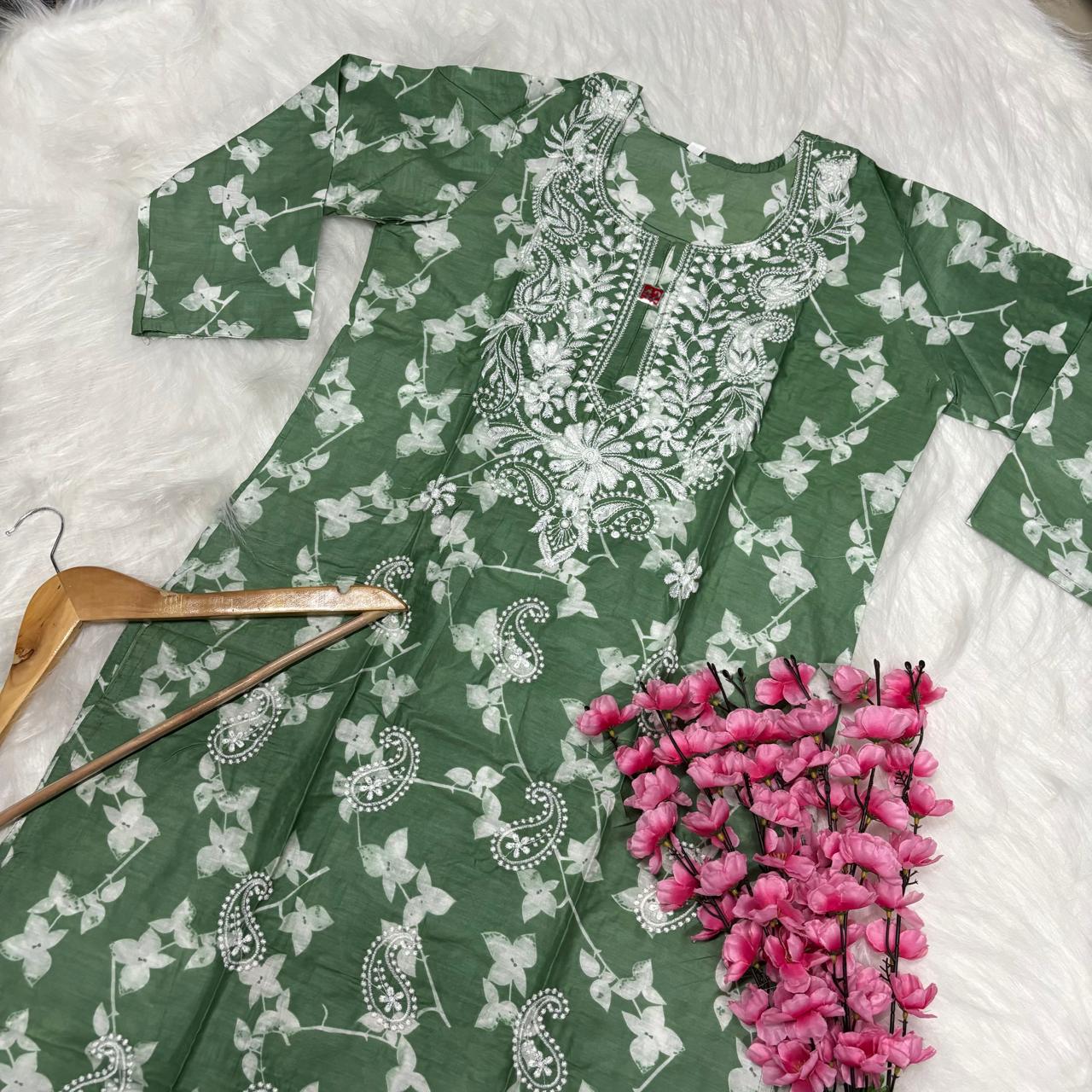 Mulmul Cotton Chikankari Machine Work Kurti -Dark Green Colour