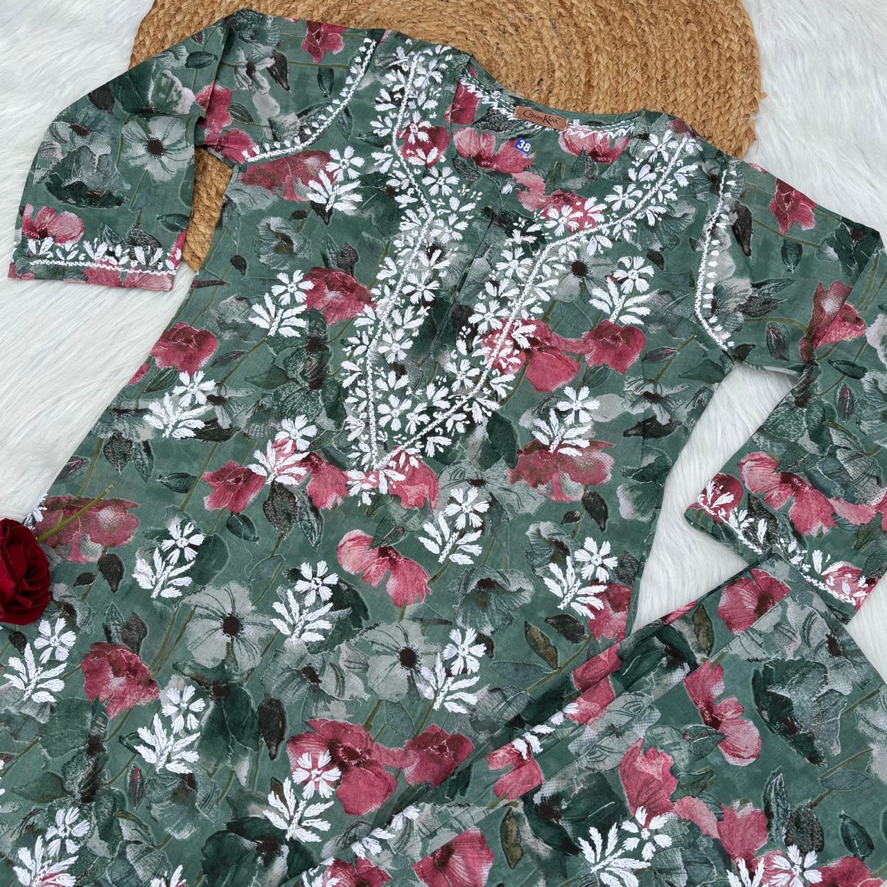 Jameela Mulmul Cotton Chikankari Kurti Set - Dark Green Colour