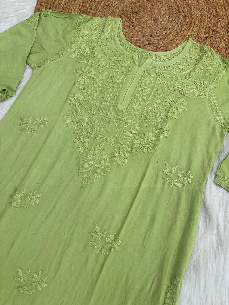 Kiara Dyeable Soft Rayon Handwork Chikankari Kurti - Green Colour