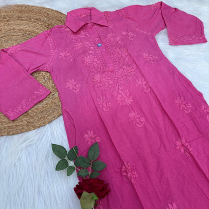 Sadia Dobby Cotton Ombre Shaded Chikankari Kurti with Collar - Pink Colour