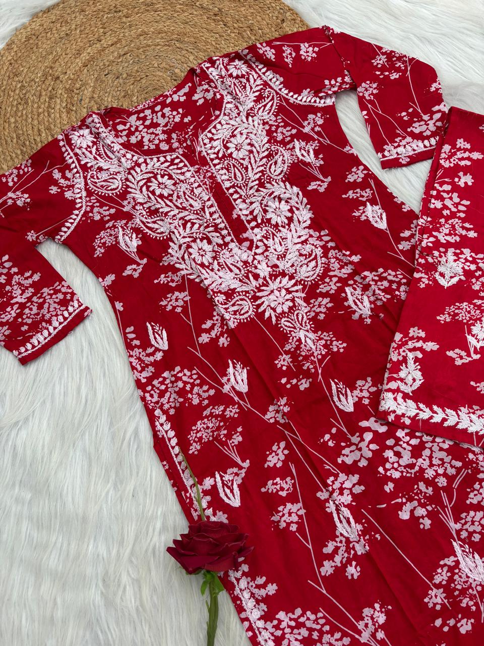 Jiya Mulmul Cotton Handwork Chikankari Kurti Set - Red Colour