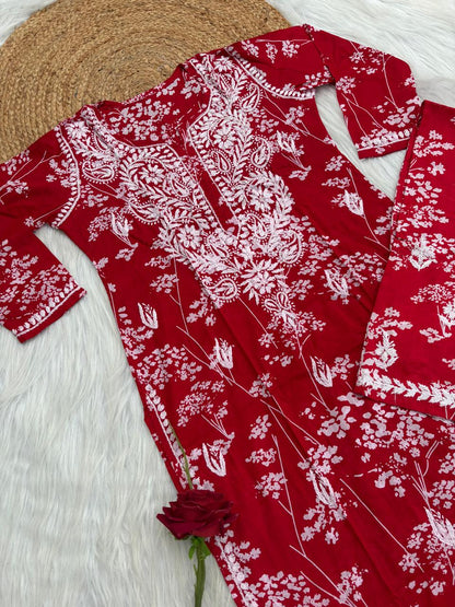 Jiya Mulmul Cotton Handwork Chikankari Kurti Set - Red Colour
