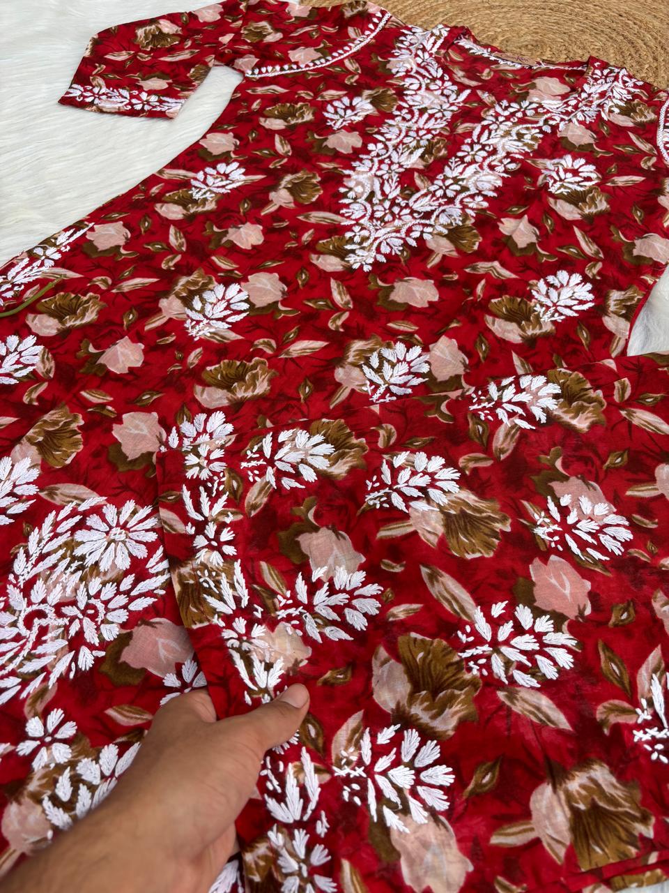 Elena Mulmul Cotton Handwork Chikankari Kurti Set - Cherry Colour