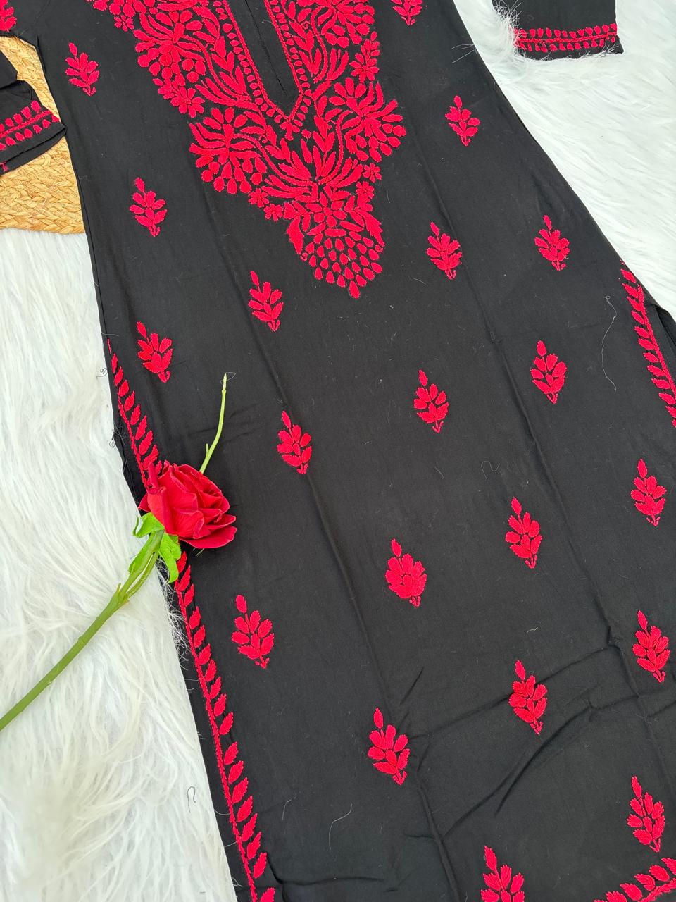 Shifa Soft Rayon Lucknowi Chikankari Kurti - Black Cherry Color