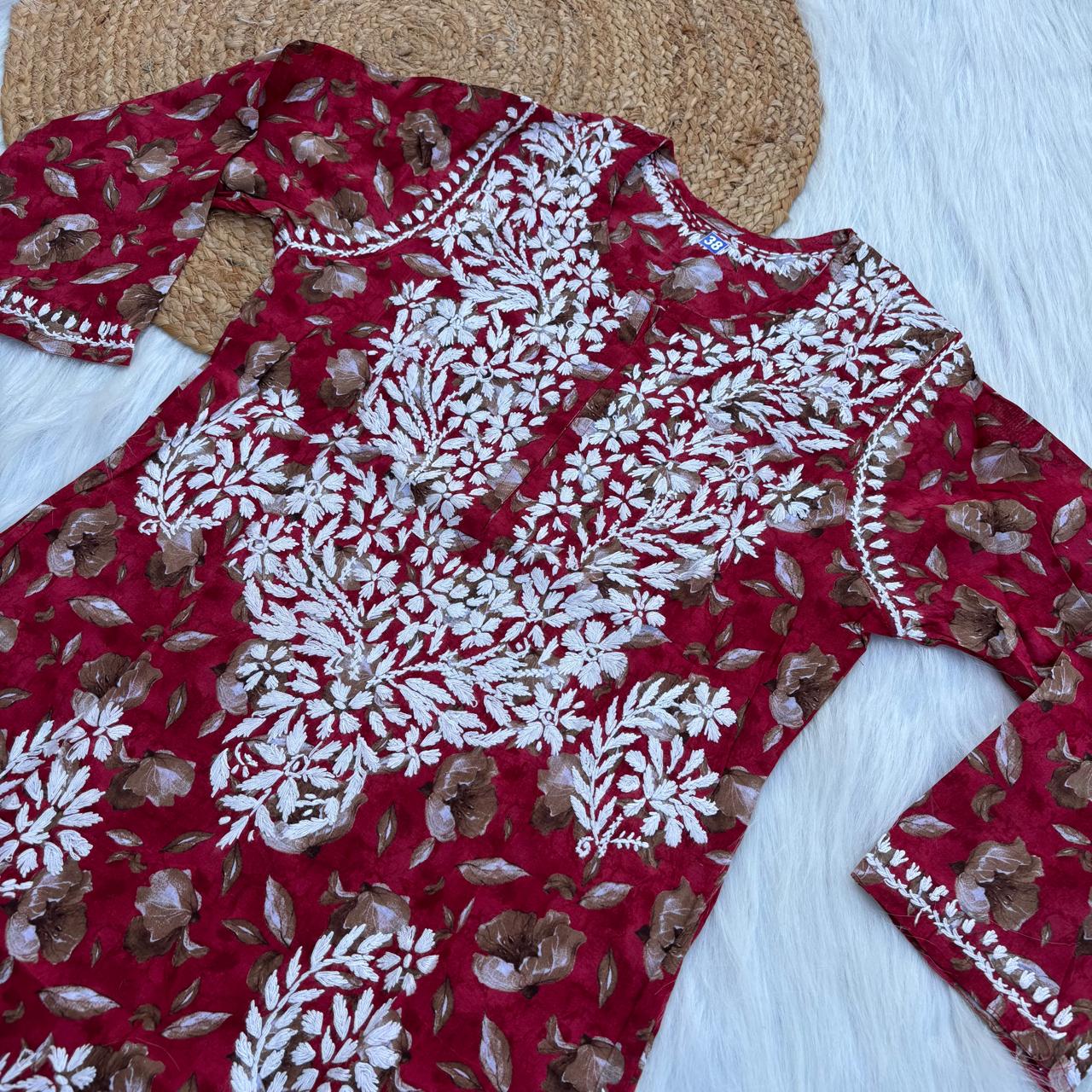 Sana Pure Mulmul Chikankari  Handwork Kurti - Red Colour
