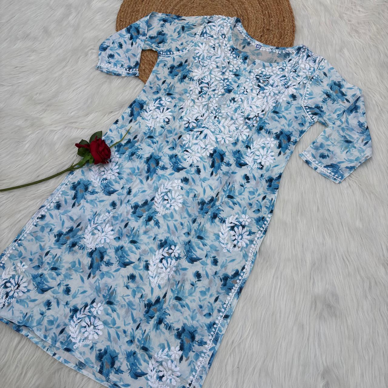 Amara Pure Mulmul Chikankari  Handwork Kurti -Blue Colour