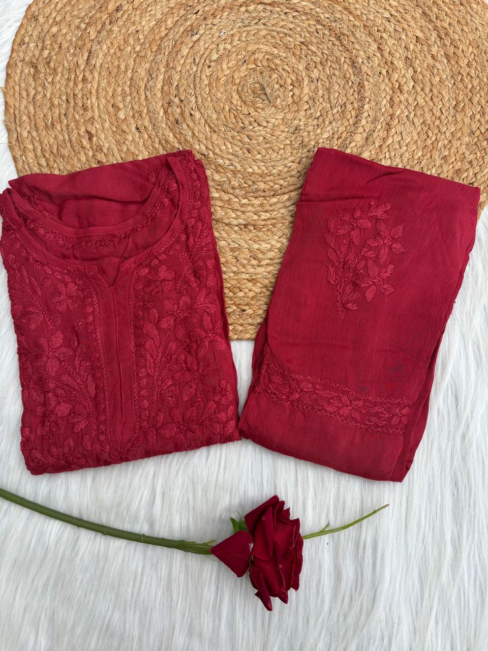 Nadia Muslin Lucknowi Chikankari Kurti Pant Set -  Brick Red Color