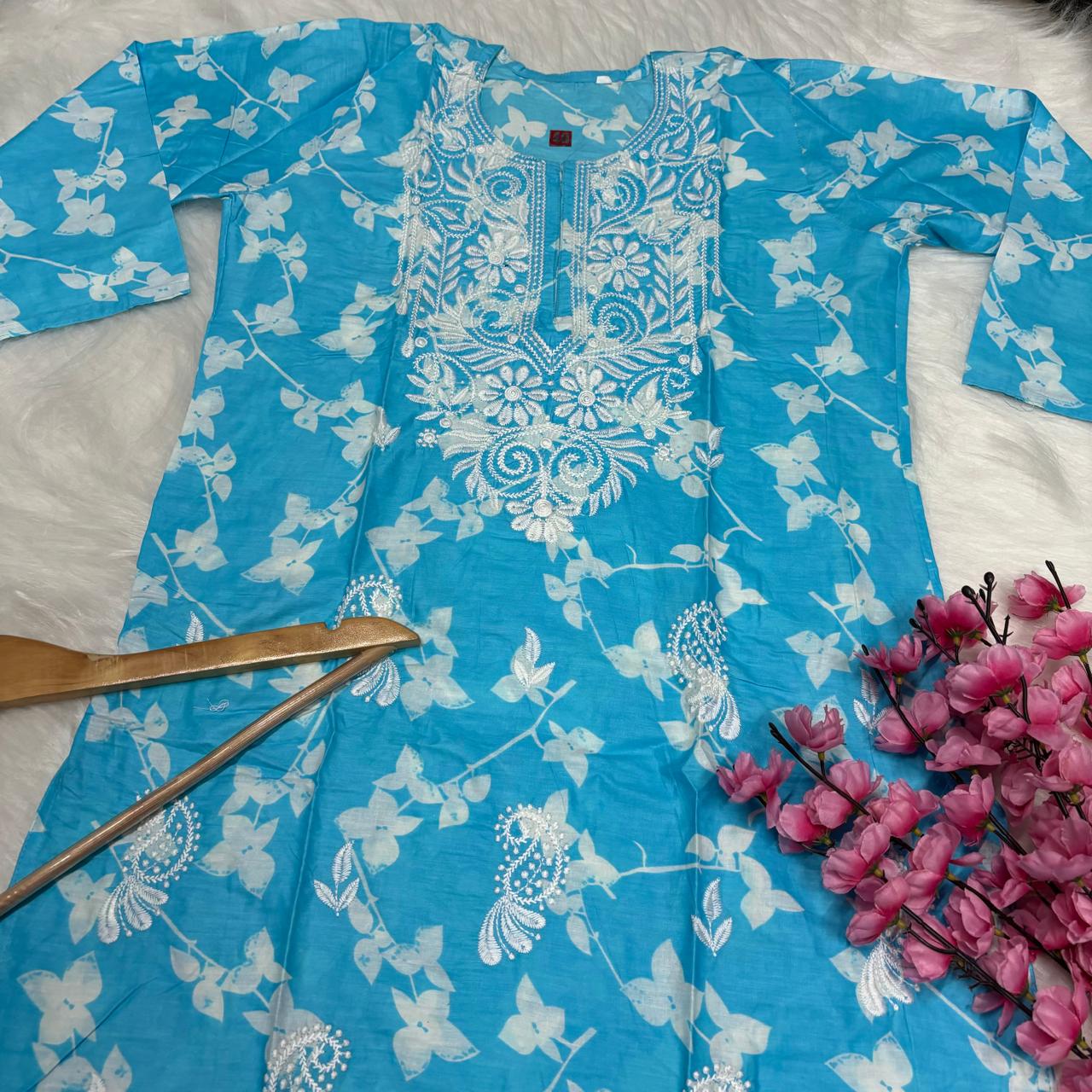 Mulmul Cotton Chikankari Machine Work Kurti - Sky Blue Colour