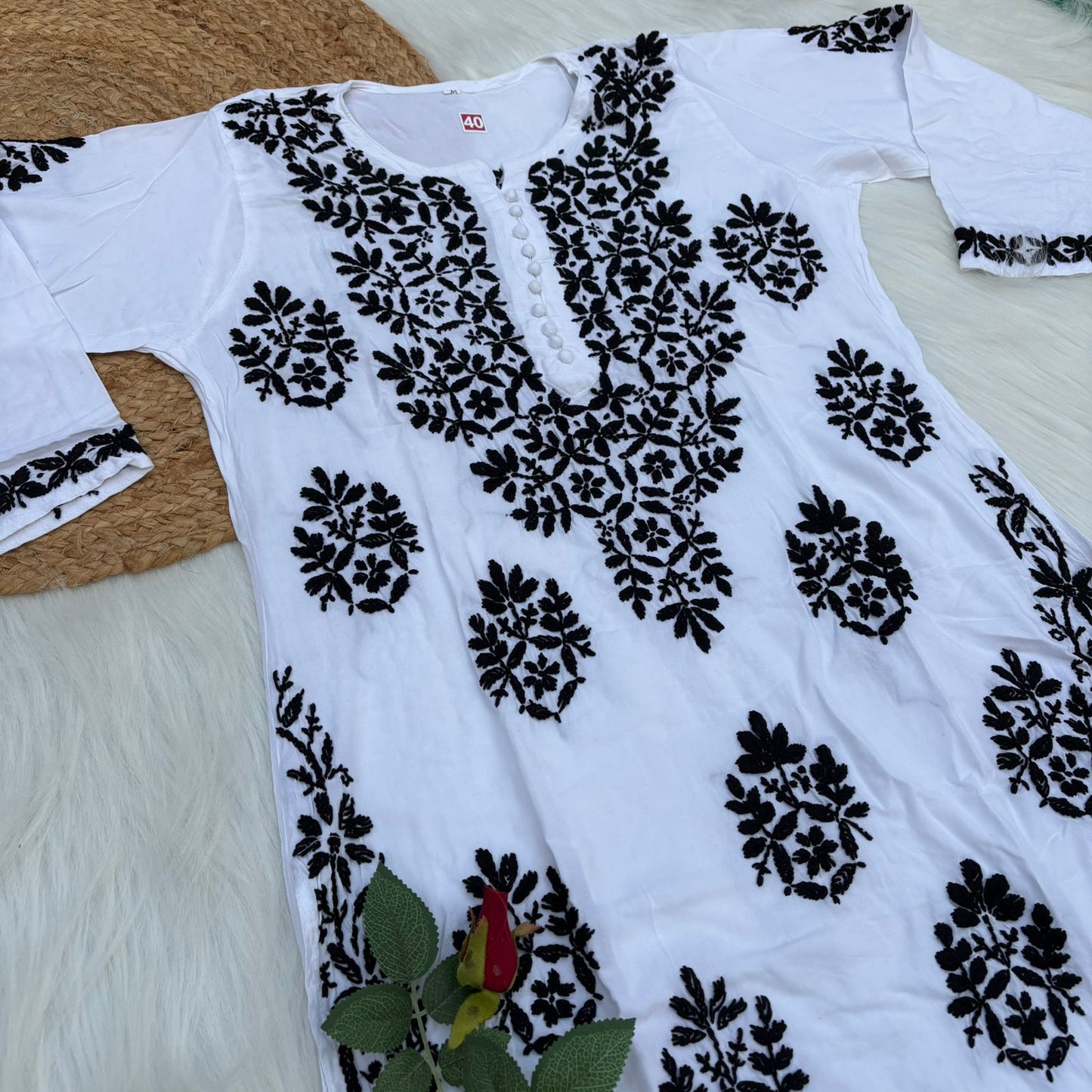 Amira Soft Rayon Chikankari Kurti - Black  on White Color