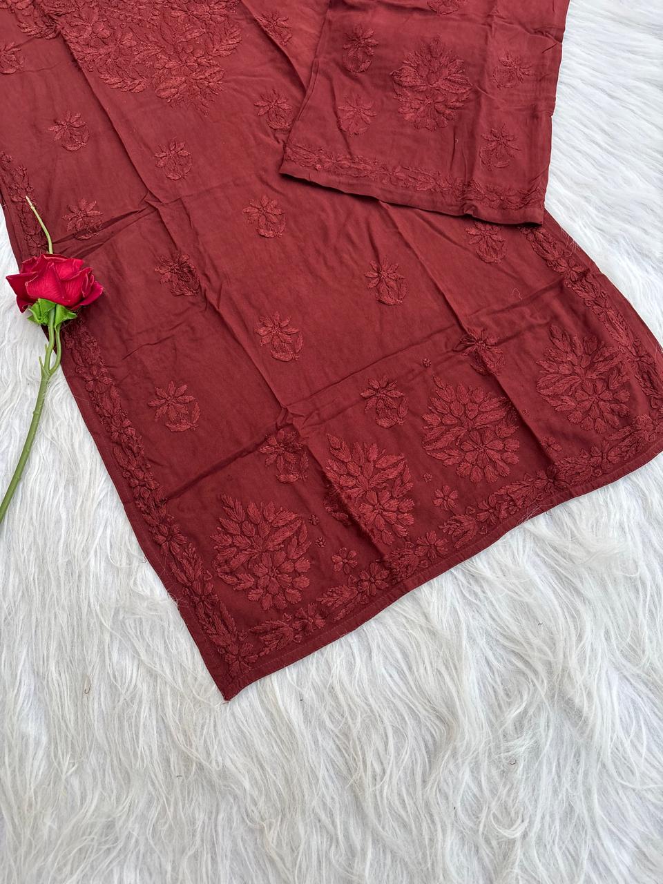 Azra Soft Rayon Dyeable Handwork Chikankari kurti Set - Brown Colour