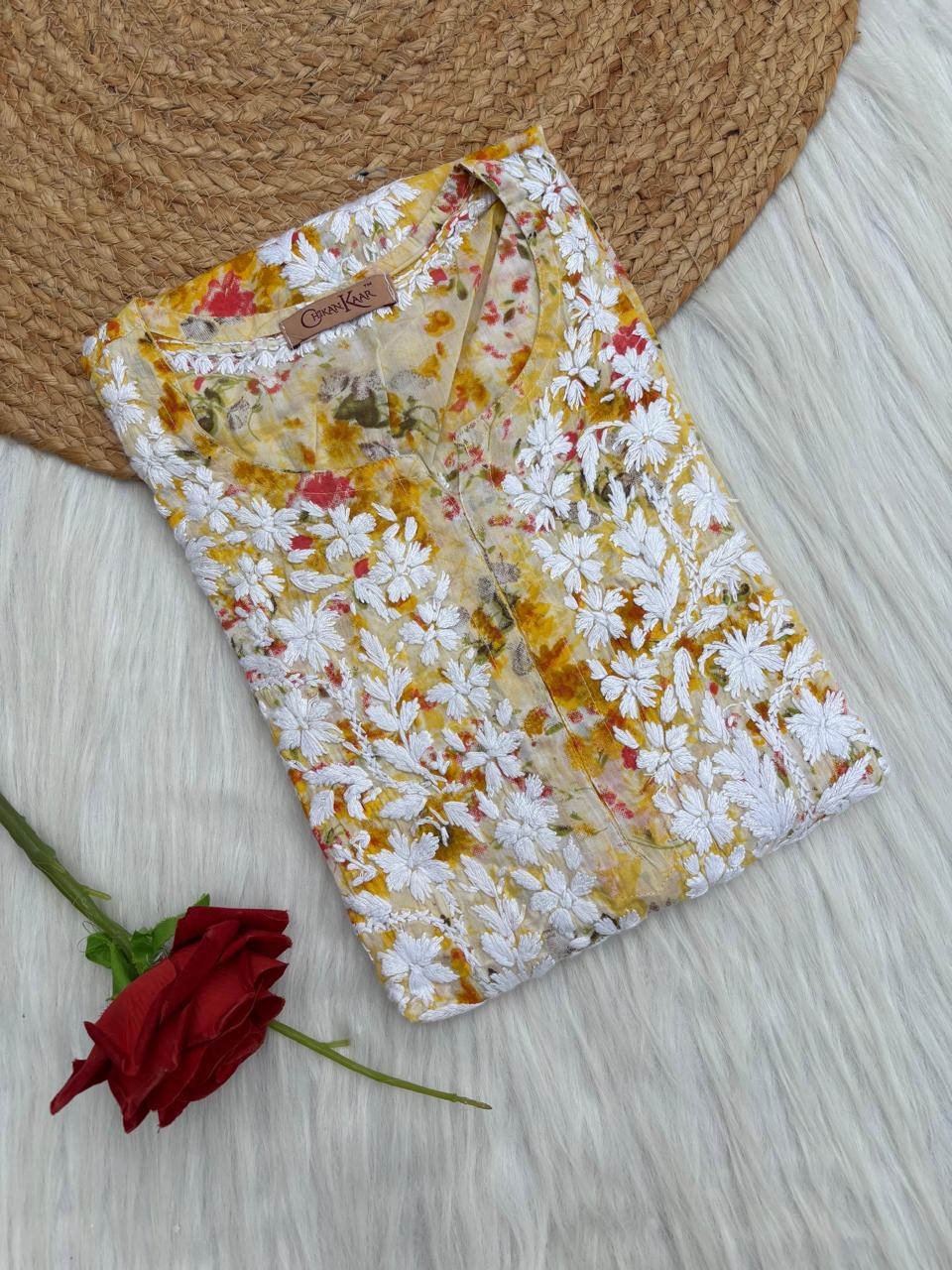 Fatima Pure Mulmul Chikankari  Handwork Kurti - Yellow Colour