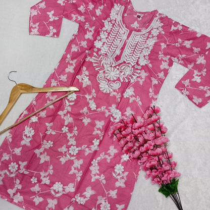 Mulmul Cotton Chikankari Machine Work Kurti - Pink Colour