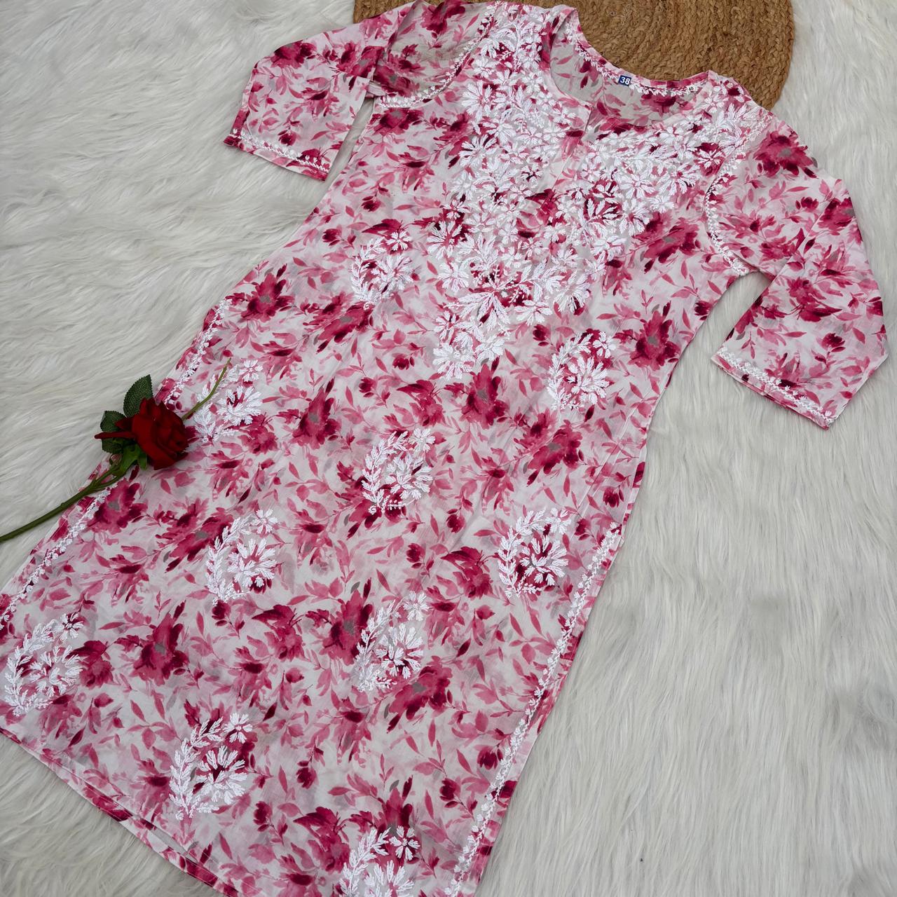 Amara Pure Mulmul Chikankari  Handwork Kurti -Pink Colour