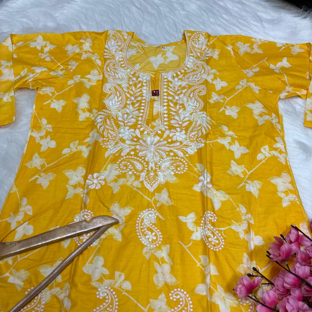 Mulmul Cotton Chikankari Machine Work Kurti - Yellow Colour