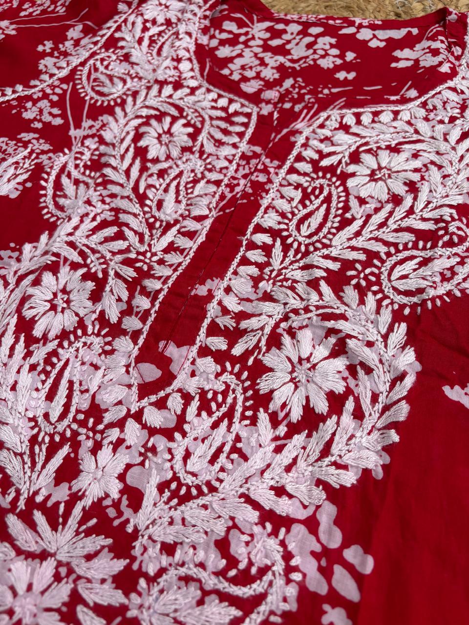 Jiya Mulmul Cotton Handwork Chikankari Kurti Set - Red Colour