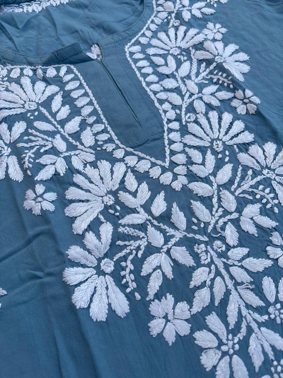 Ina Soft Rayon Handwork Chikankari Short Kurti - Blue Colour