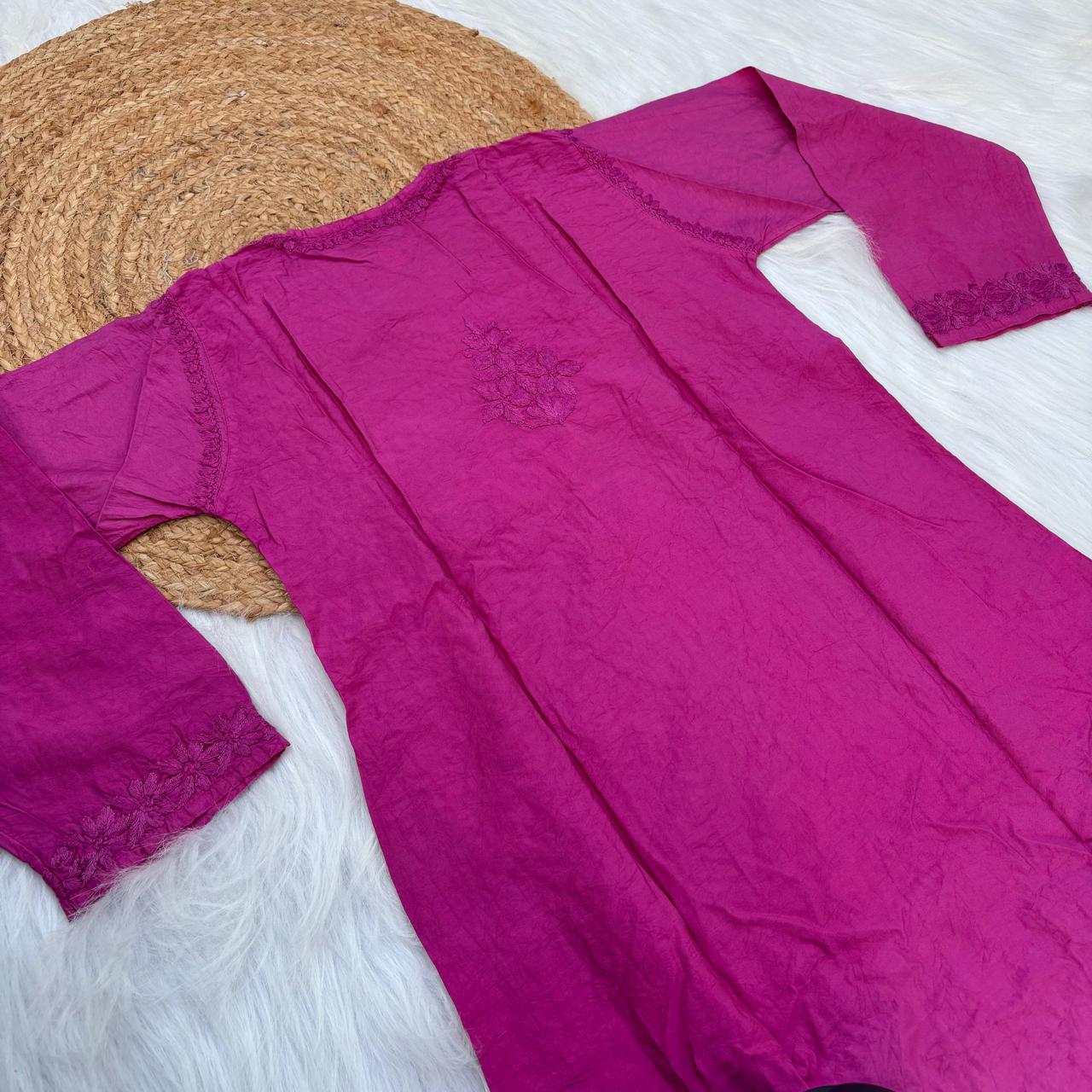 Zooni Chanderi Lucknowi Chikankari Dyed Kurti -Rani colour