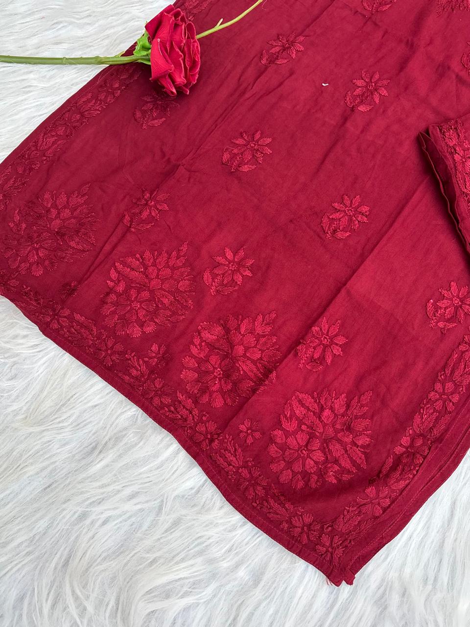 Azra Soft Rayon Dyeable Handwork Chikankari kurti Set - Brick Red Colour