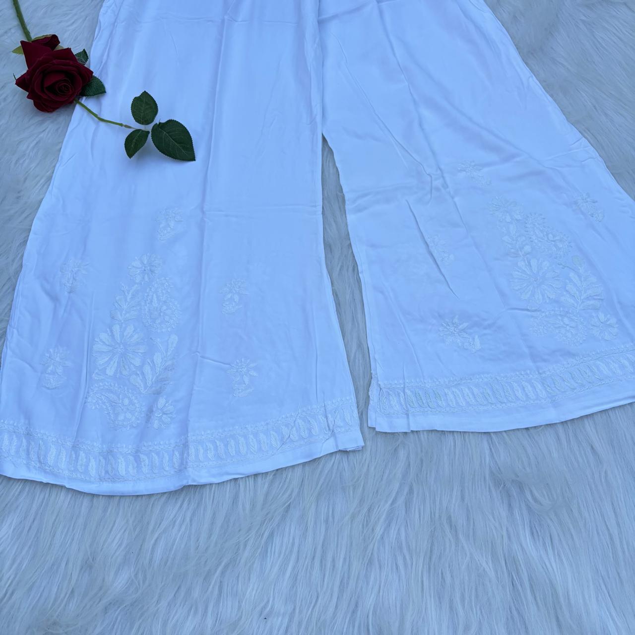 Maheen Soft Rayon Chikankari Plazo - White Color