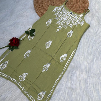 Safa Rayon Chikankari Noodle Strap Short Kurti - Pista colour (Length - 38")