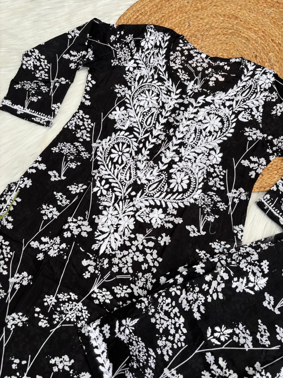 Jiya Mulmul Cotton Handwork Chikankari Kurti Set - Black Colour