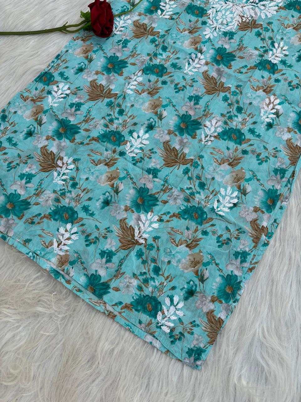 Alina Pure Mulmul Chikankari Handwork Kurti - Sea Green Colour
