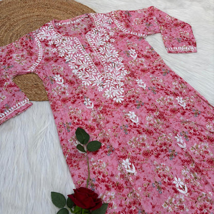 Rania Pure Mulmul Chikankari Handwork Kurti - Pink Colour
