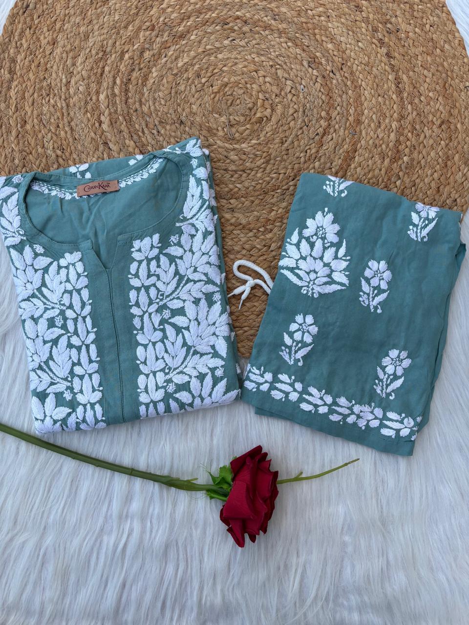 Samara Rayon Handwork Chikankari Kurti Plazo Set - Sea Green Colour
