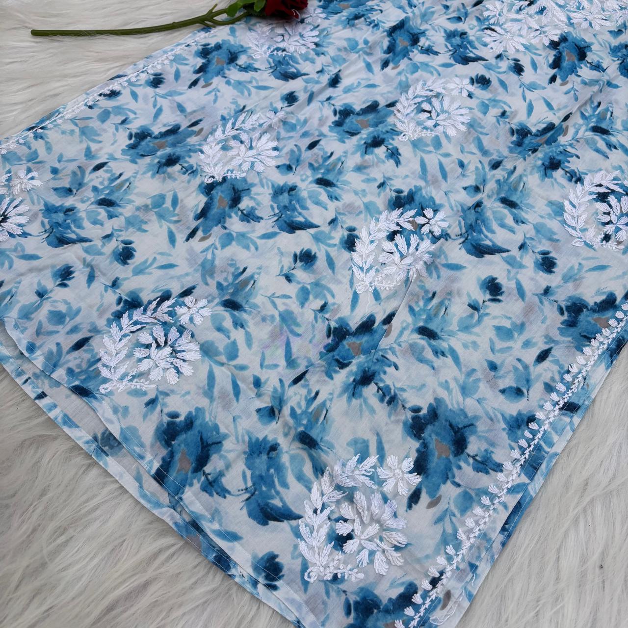 Amara Pure Mulmul Chikankari  Handwork Kurti -Blue Colour