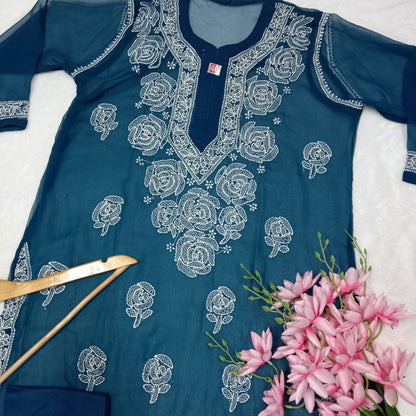 Georgette Chikankari Rose Work Kurti With Pure Cotton Inner -T Blue Colour