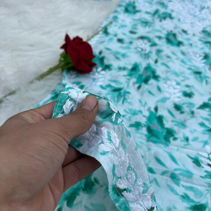 Aaliyah Mulmul Cotton Chikankari Kurti Set -Sea Green Colour