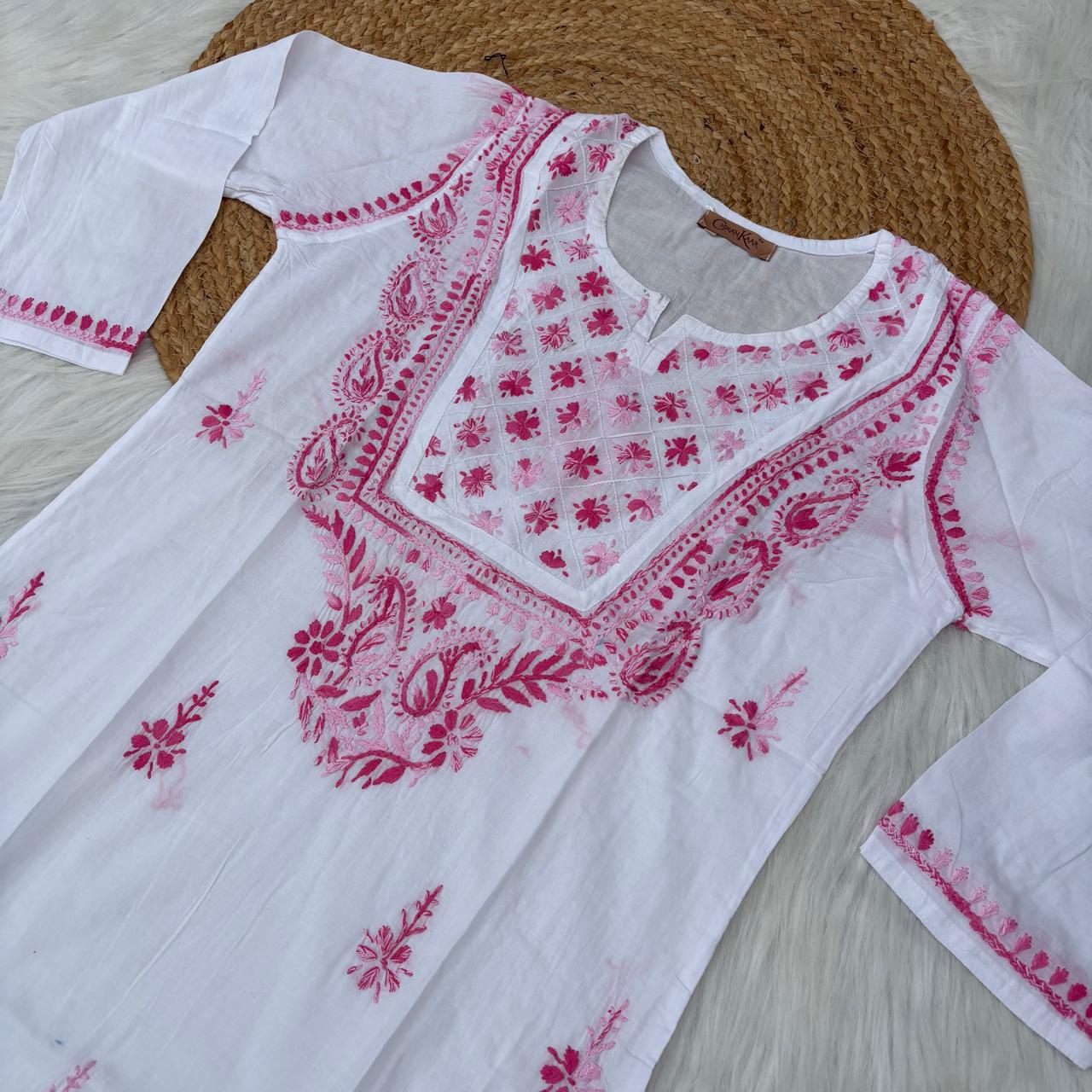 Zoya Cotton Lucknowi Chikankari Kurti - White Pink Color