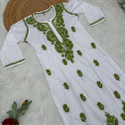 Shraddha Kapoor inspired Pure Cotton Chikankari Kurti - Green Colour - Chikankaar