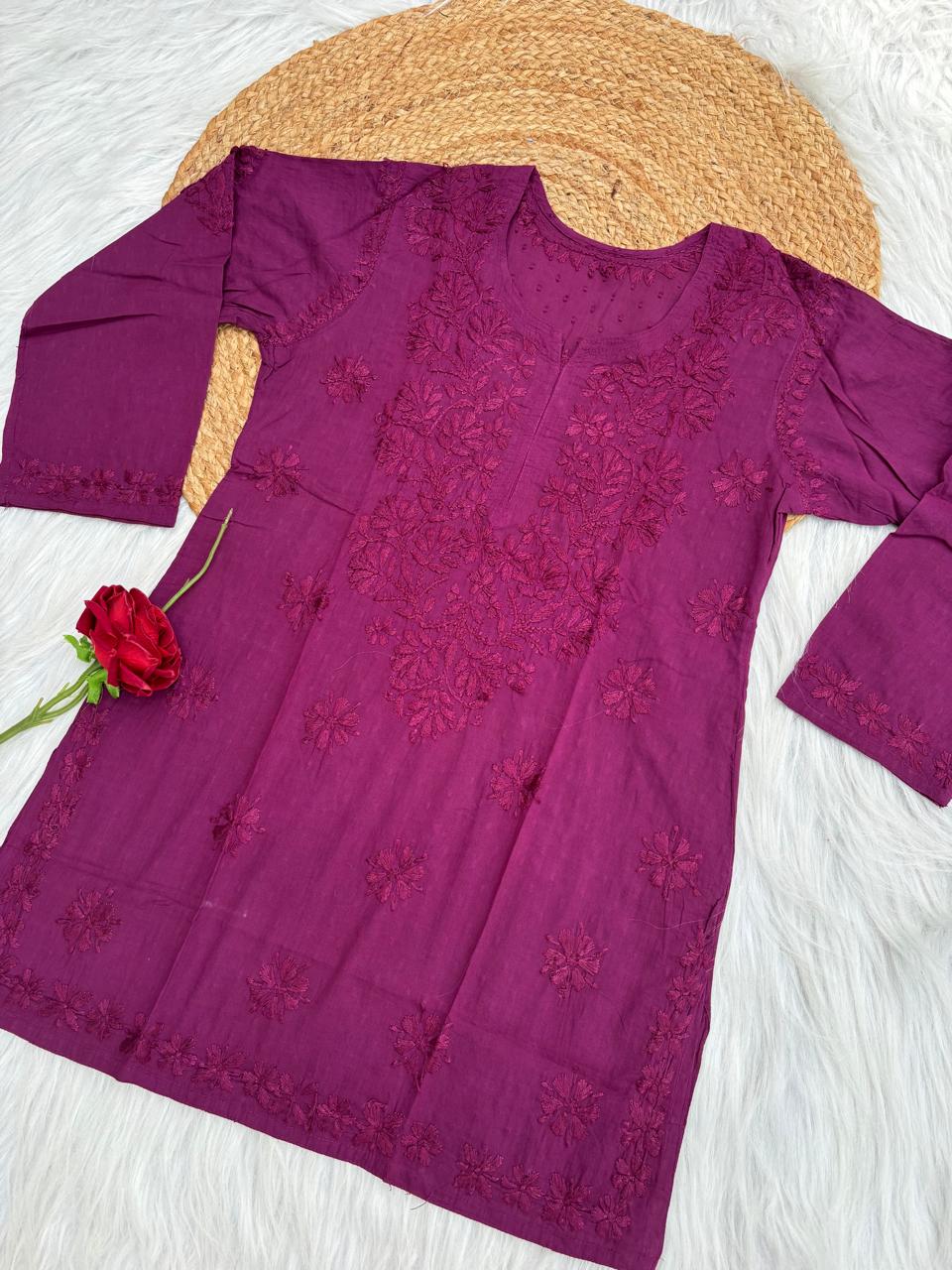 Ziva Soft Dobby Cotton Lucknowi Handwork Chikankari Short Kurti - Wine Colour