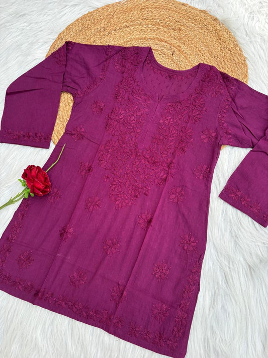 Ziva Soft Dobby Cotton Lucknowi Handwork Chikankari Short Kurti - Wine Colour