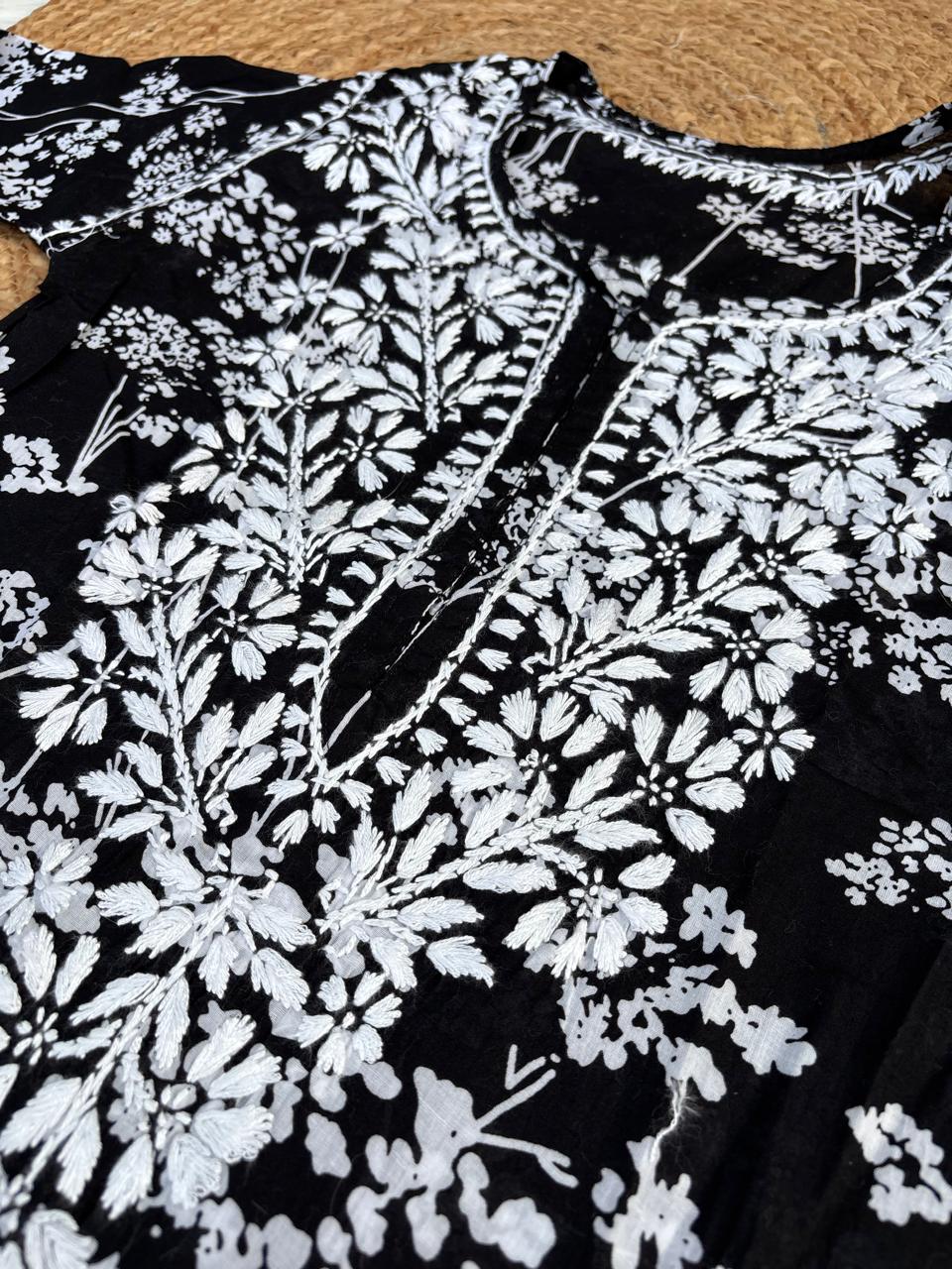 Sidra Pure Mulmul Chikankari Handwork Kurti - Black Colour