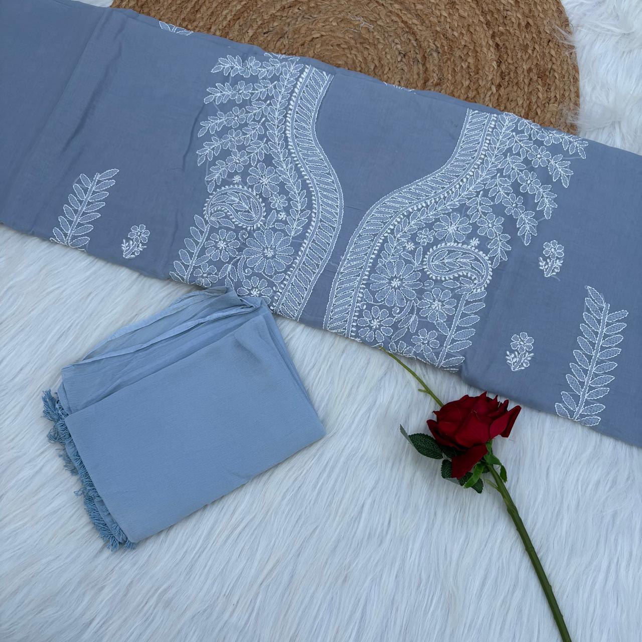 Madhuri Voile Cotton Chikankari Unstitched 3 pc set - Grey Colour