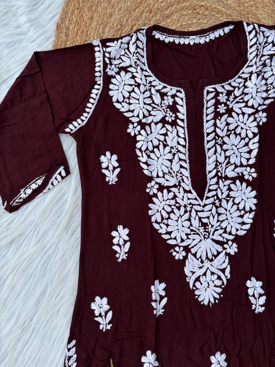 Hiba Soft Rayon Handwork Chikankari Kurti - Brown Colour