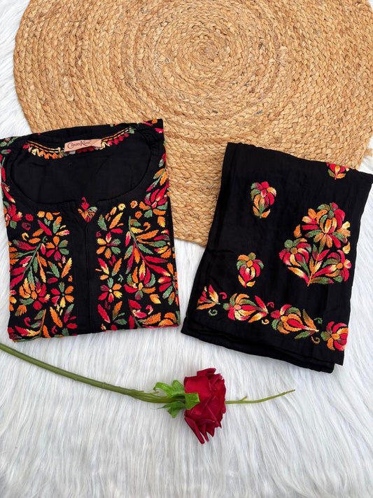 Rawa Soft Rayon Multi Handwork Chikankari Kurti Plazo Set - Multi Colour
